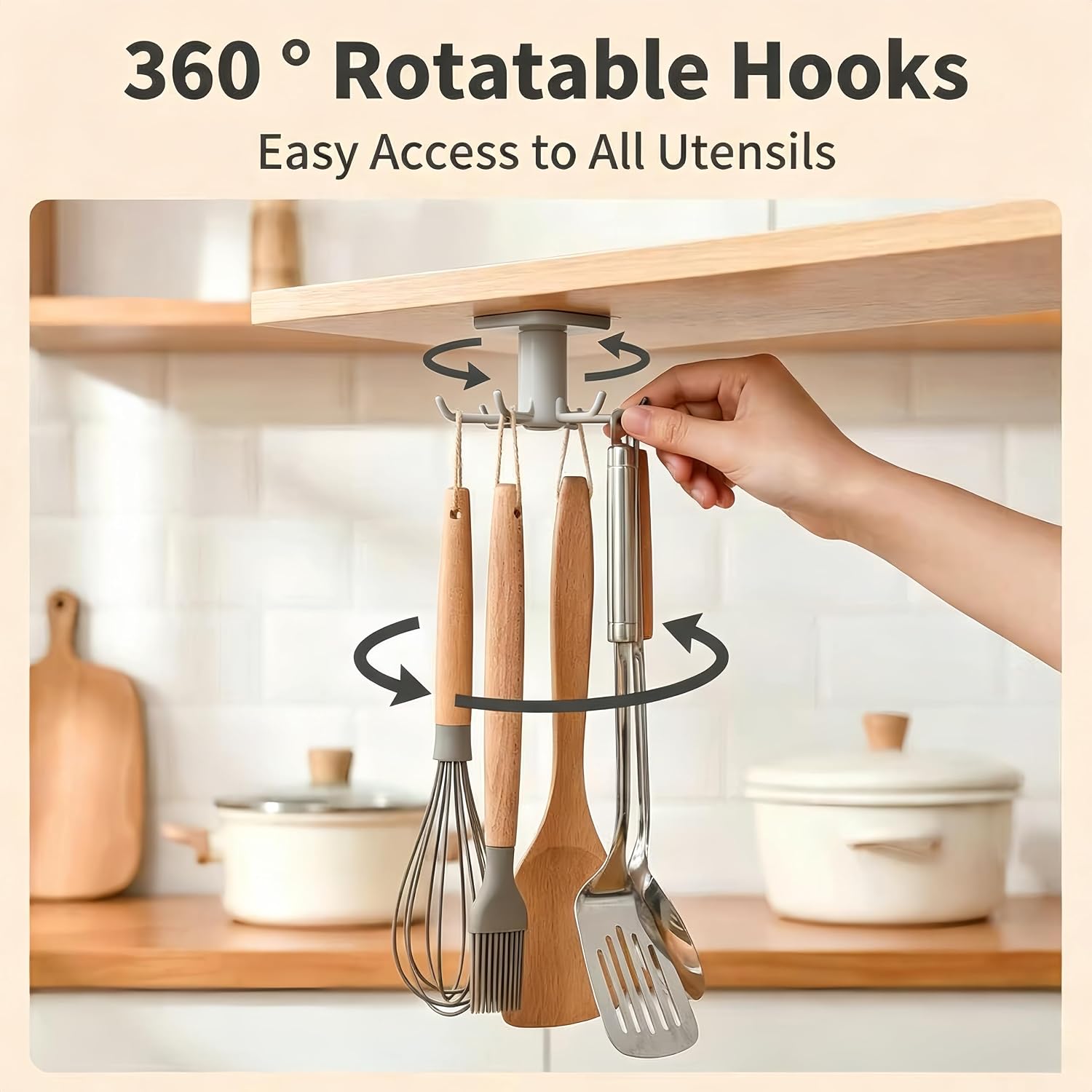 360 Degrees Rotating Hook Rack, Wall Hook Organizer, for Kitchen Wall Storage Hanging Accessories Home Organization, Grey