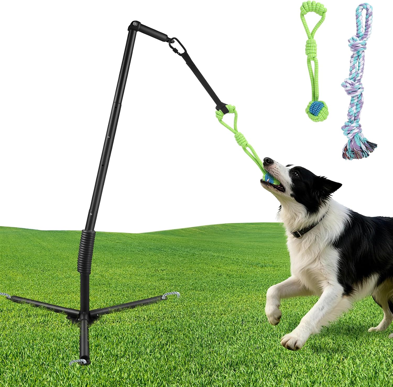 Outdoor Tug of War Dog Toy with Reinforced Tripod Base - Heavy Duty Iron 360° Interactive Tether Tug Toy for Backyard Solo Play - Adjustable Spring Pole Rope System for All Breeds