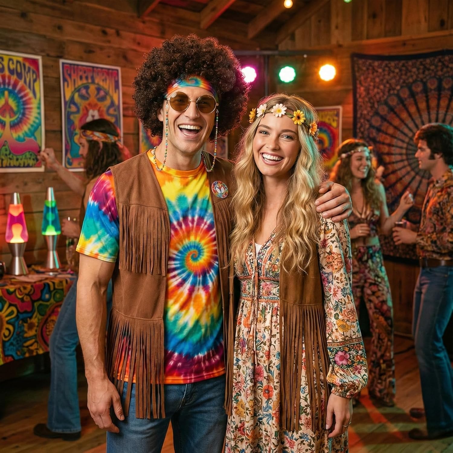70s Outfits for Men - 10 Pcs Hippie Costume with Tie Dye Shirt, Fringe Vest & Accessories,60s/70s Retro Party Clothes