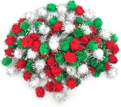 MUMULULU 150 PCS 20mm Glitter Color Pom Poms Decor for Arts & DIY Crafts Red, Green, White