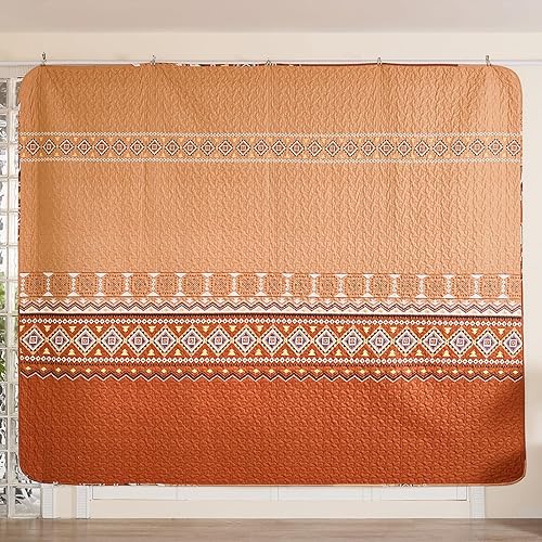 Miniatura 4 de Juego de edredón bohemio de color naranja quemado, tamaño matrimonial, juego de edredón de verano de 3 piezas con estampado geométrico ligero con 2