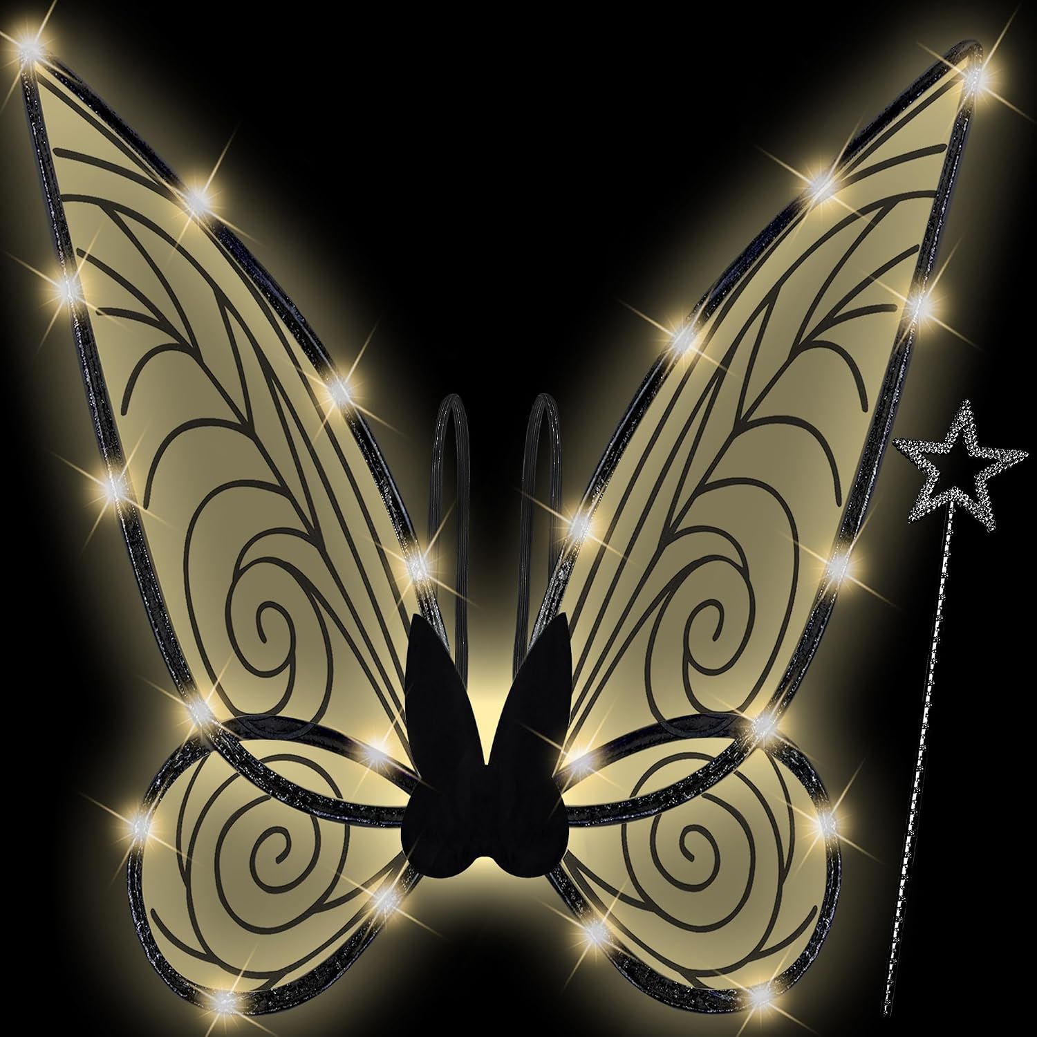 U-Goforst Light Up Fairy Costume Wings for Adults- Butterfly Wings for Women, Halloween Costume Cosplay Dress Up, Sparkly LED Wings with Wand, Dark Black with Warm Light