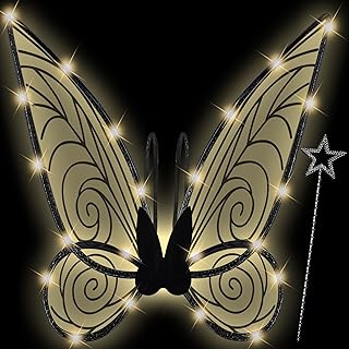 U-Goforst Light Up Fairy Costume Wings for Adults- Butterfly Wings for Girls Women, Halloween Costume Cosplay Dress Up, Sparkly LED Wings with Wand, Dark Black with Warm Light