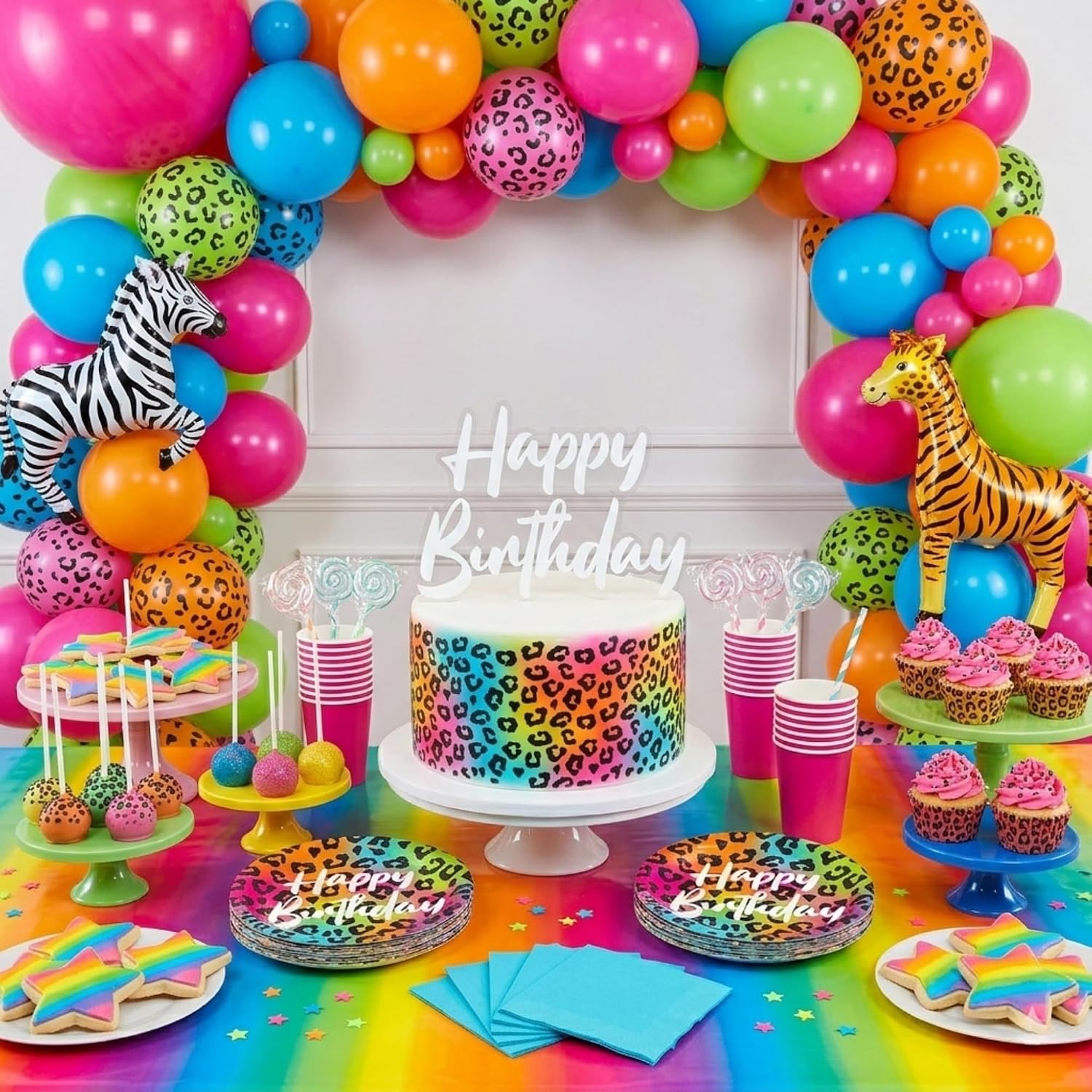 Live It Up! Party Supplies Wild Child Happy Birthday Animal Print Paper Dessert Plates, Napkins and Hot Pink Cups - Colorful Wild Animal Print (Serves 16)