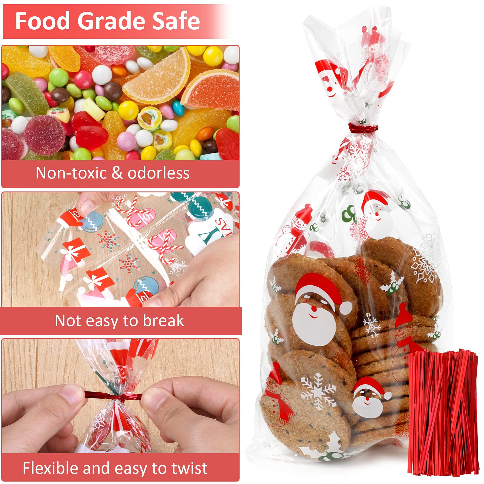 VEYLIN Weihnachts-Zellophantüten – 120 Stück Mit 150 Bindebändern Für Süßigkeiten & Geschenke