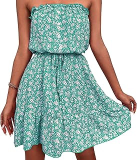 Women Vintage Off Shoulder High Waist Floral Print Beach Mini A Line Dress(M-Green)