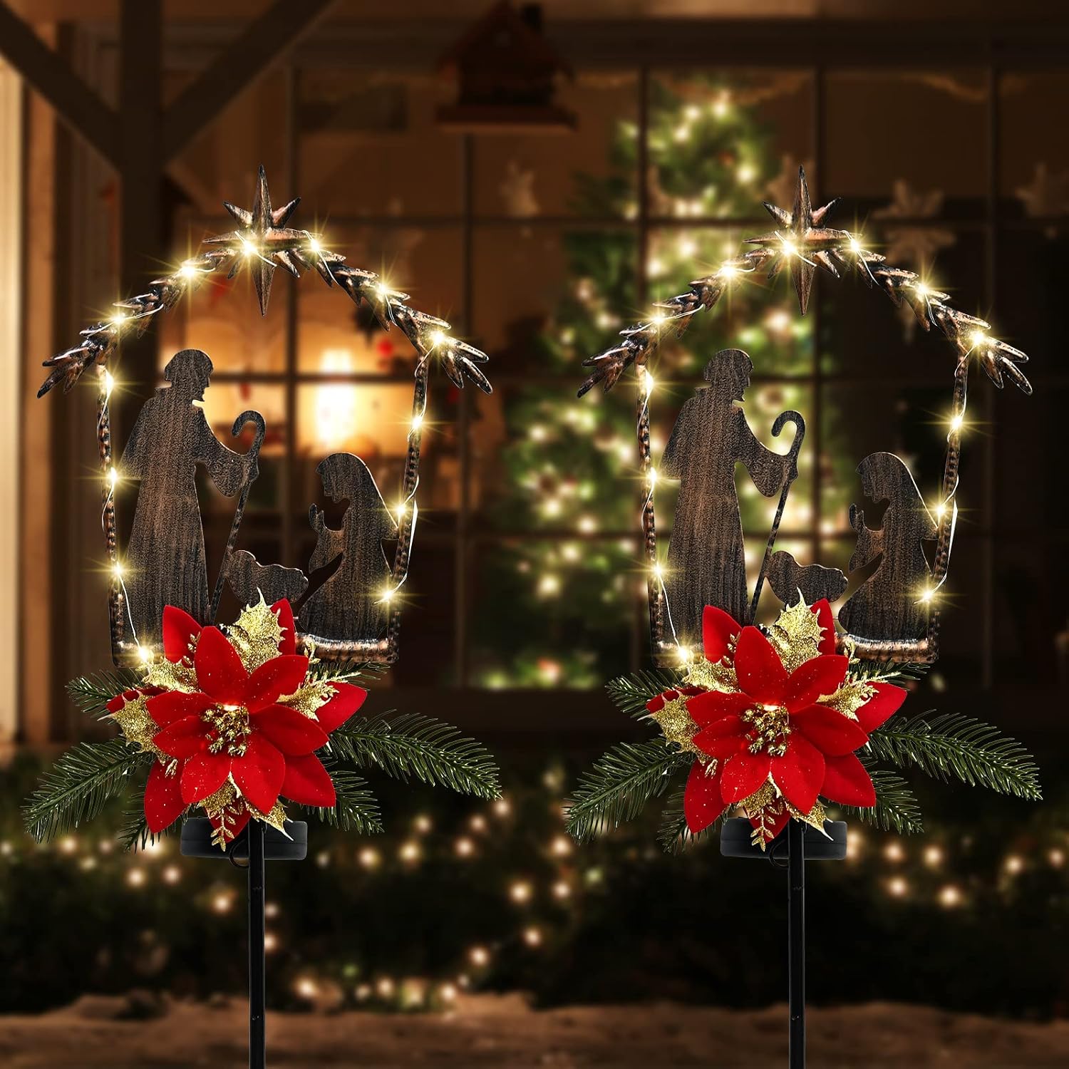 ALLADINBOX 2 Pack Christmas Outdoor Yard Stakes Solar Lighted Decorations, LED Candle Christmas Lights Holy Family with Artificial and Pine Needles Decorative Garden Stake