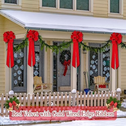 Miniatura 3 de Kigeli Lazo de Navidad grande de 10 x 26 pulgadas, hecho a mano, gran cinta de terciopelo rojo para exteriores, corona de Navidad, adorno para árbol