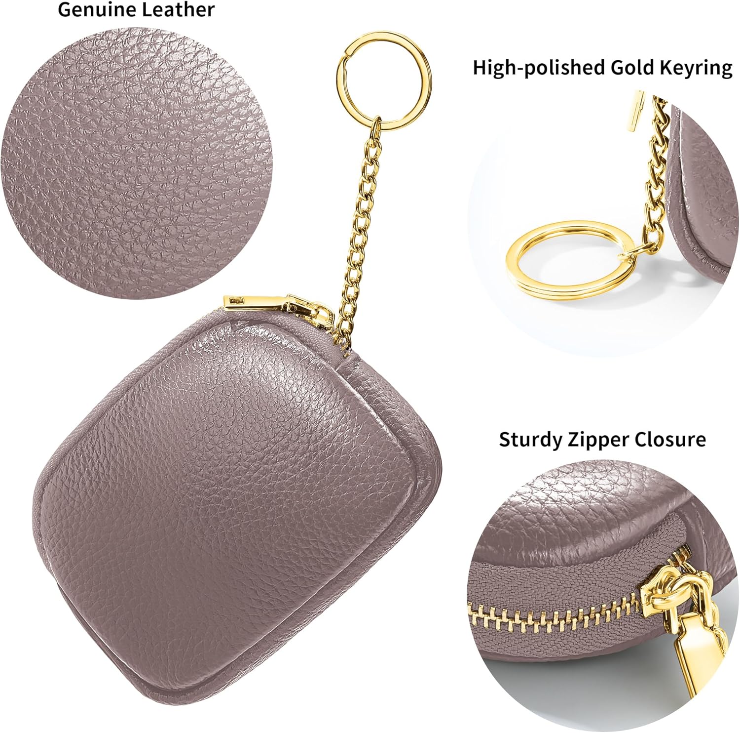 Genuine Leather Coin Purse, Small Change Purse Keychain Wallet for Women, Mini Coin Pouch with Zipper, Purple - Image 3