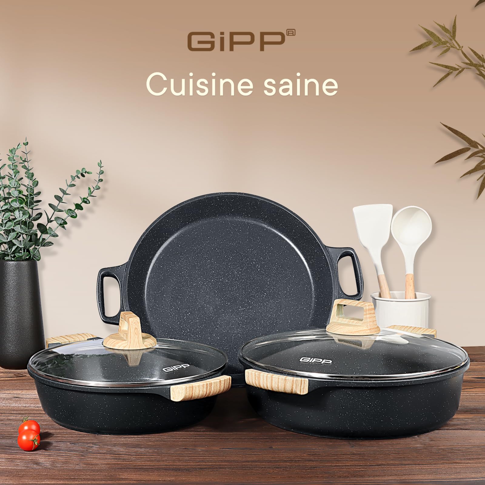 GiPP Faitout 28 cm, Casserole Tout Feux avec Couvercle Verre, Marmite Induction Antiadhésive, 3,8L Cocotte en Fonte D'aluminium, Hauteur 7,5 cm