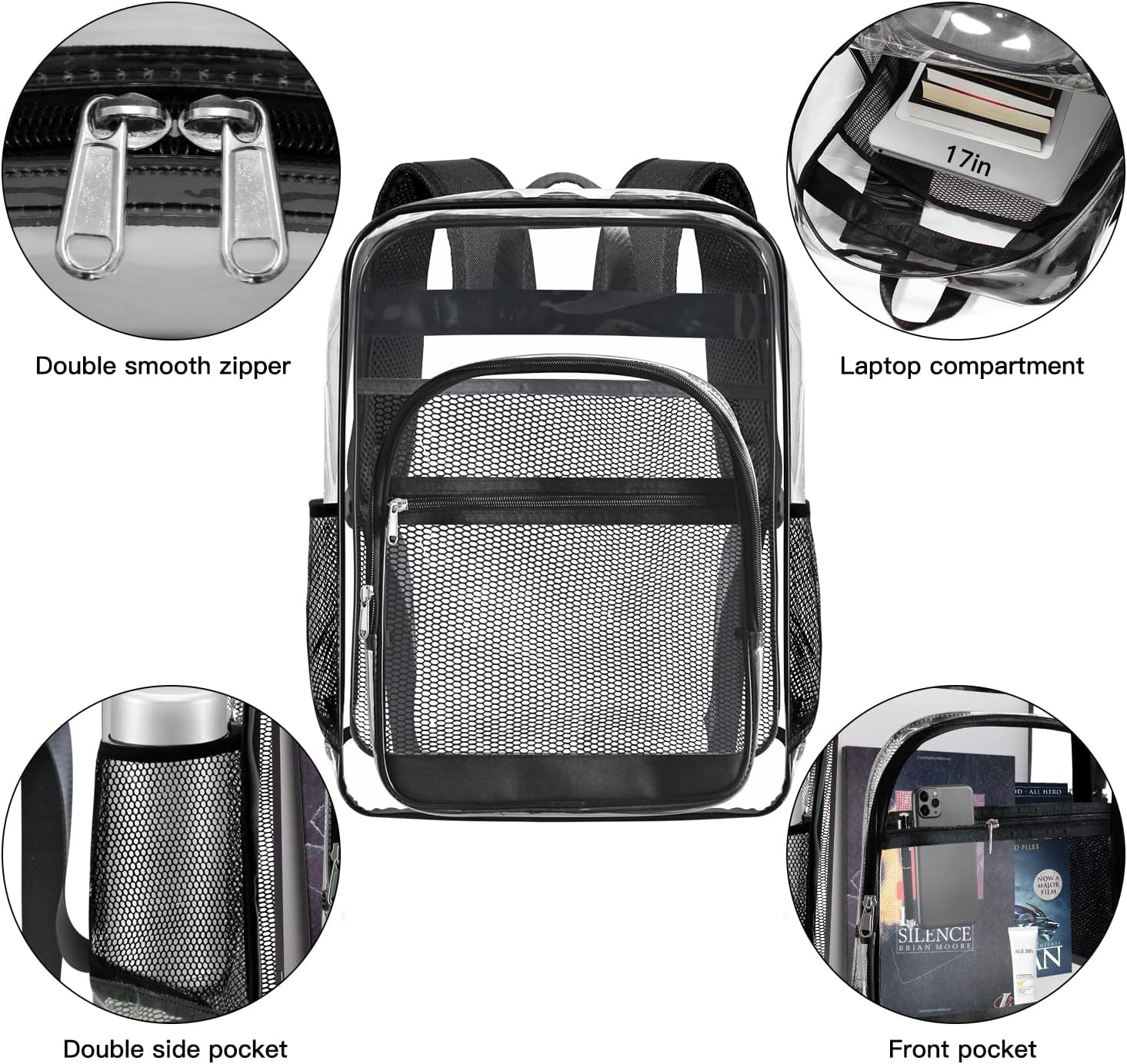 Clear Backpack, Clear Bookbag for School, Waterproof PVC Plastic Material, Reinforced Shoulder Straps Heavy Duty Transparent Backpack, See-Through Schoolbag for Sports,Stadiums,Work, Travel, College