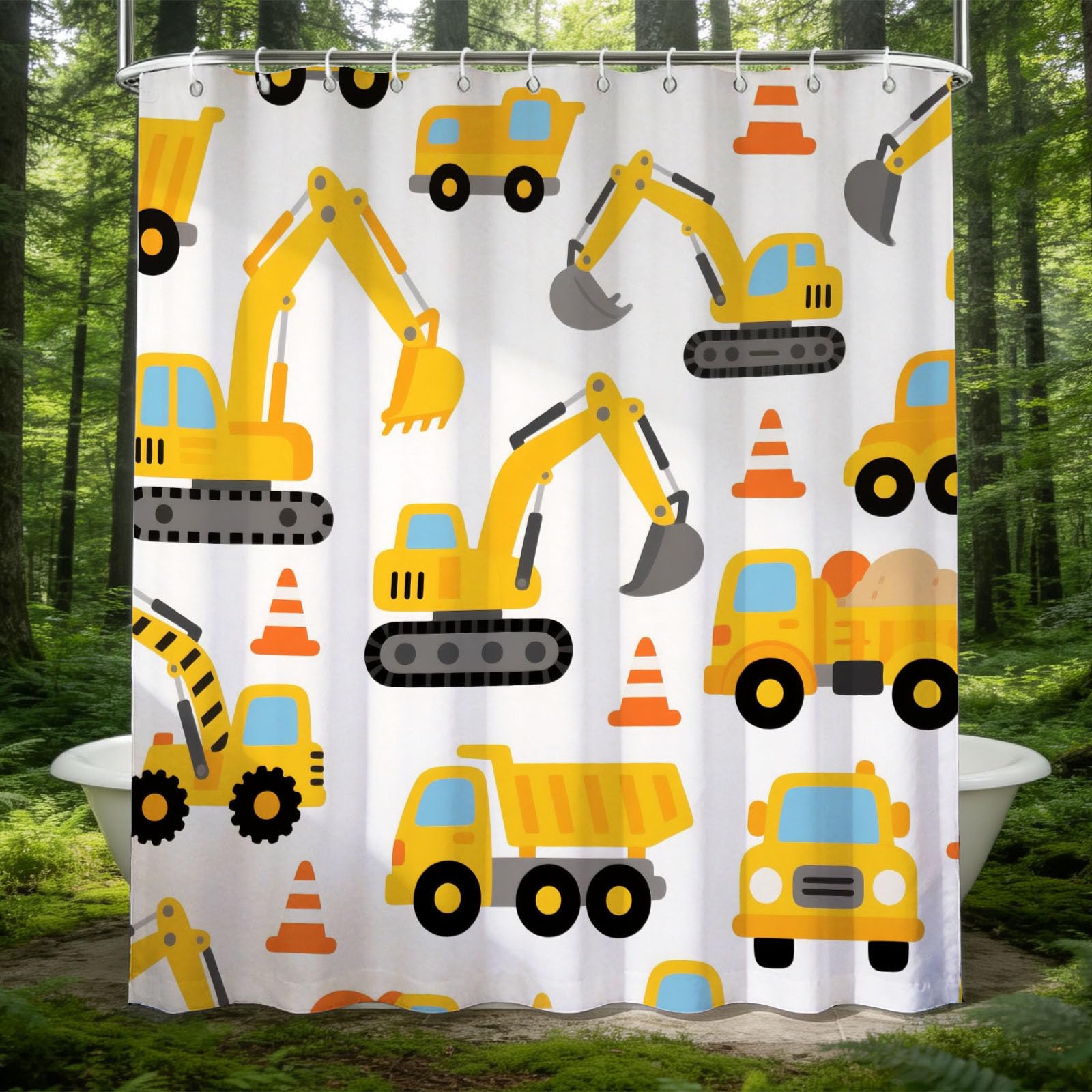 Hongduo 3D Cartoon Construction Vehicle Shower Curtain for Stalls Bathtubs Boys Cartoon Excavator Bathroom Decor Shower Curtain Set Polyester Fabric Waterproof 180x180cm/71X71 Inch with Hooks