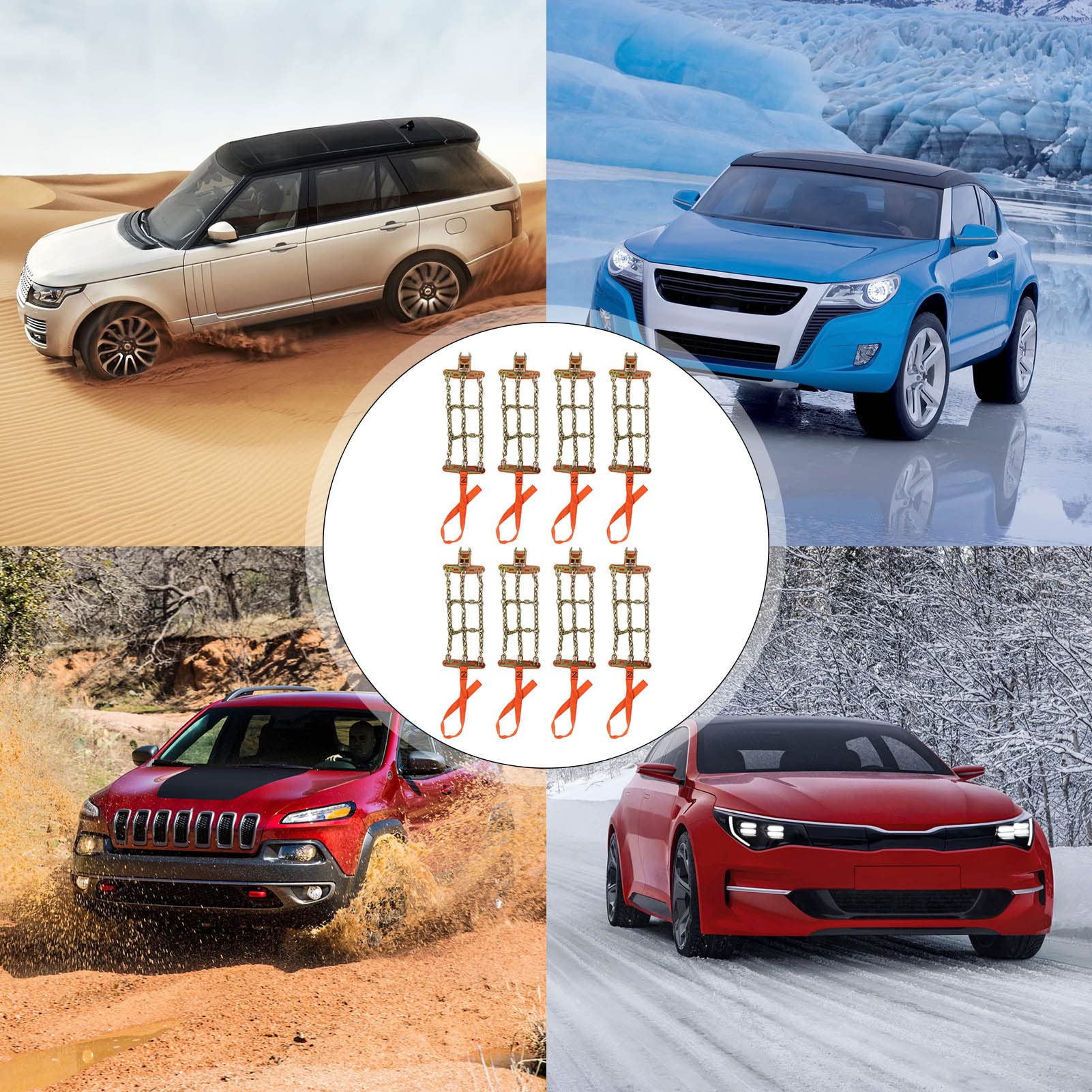 Wheel Chain, 8 Packs Tire Snow Chain Anti Slip Adjustable Universal Wheel Traction Chains for 165mm to 265mm Tyres
