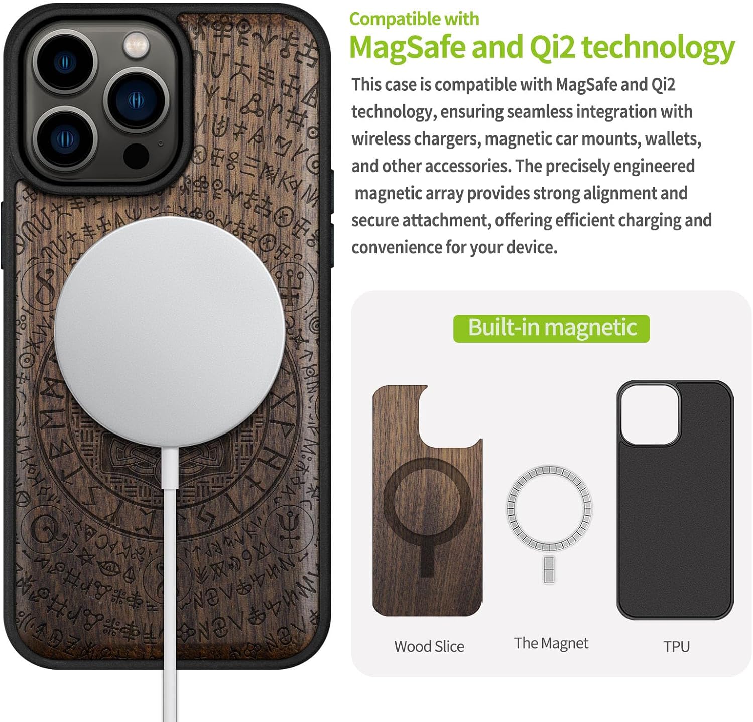 Carveit Magnetic Wood Case for iPhone 14 Pro Max [Natural Wood & Black Soft TPU] Unique & Classy Wooden Shockproof Protective Cover Compatible with magsafe (Mjolnir & Wolves -Walnut)