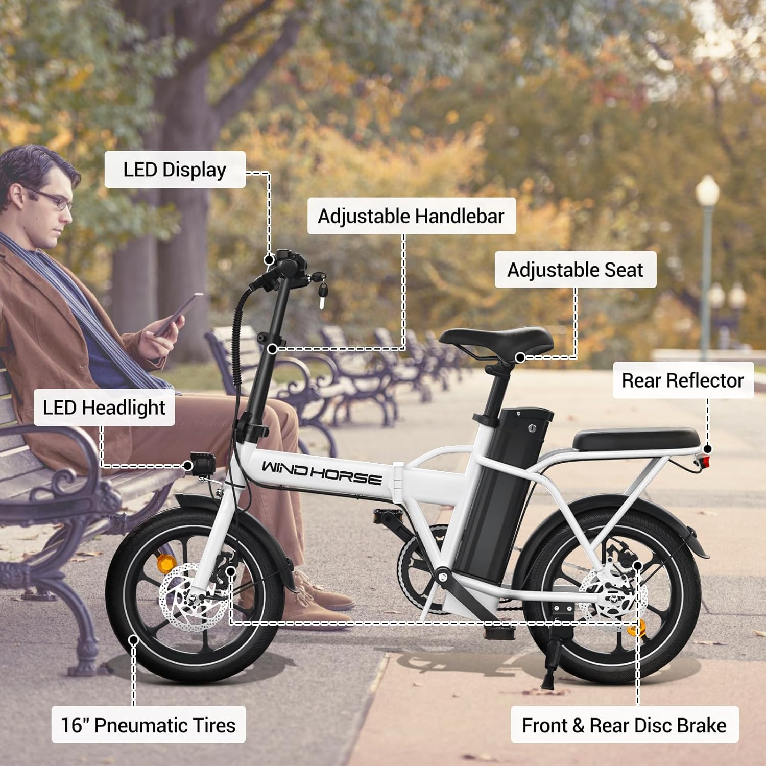 RIDWIND 16" Folding Electric Bike Adults, Peak 630W Adult Electric Bicycles, Up to 25 MPH and 35 Miles Foldable Ebikes, Electric Bike for Teens with 36V 8Ah Removable Battery, UL2849 Certificate