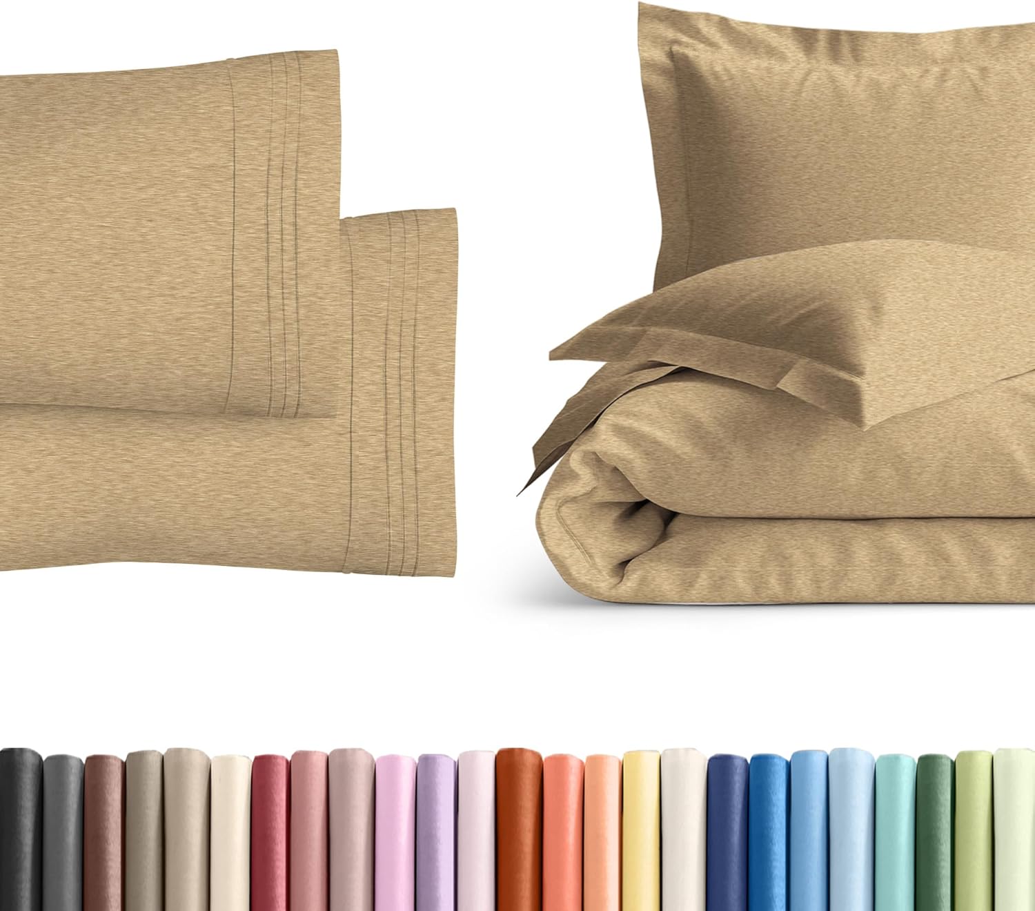 Queen Pillow Cases Set of 2 with Duvet Cover - Hotel Quality Pillowcase Covers - Cozy Luxury Bedding for Women, Men, Kids & Teens - Machine Washable Protectors - 2 Piece Set - Queen Size Heathered Tan