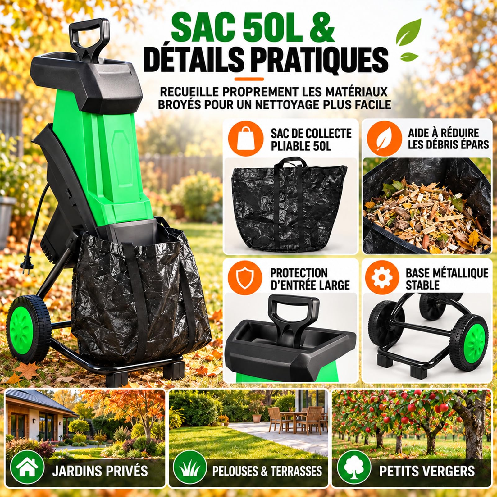 Broyeur De Végétaux Électrique 2400W avec Sac 50L