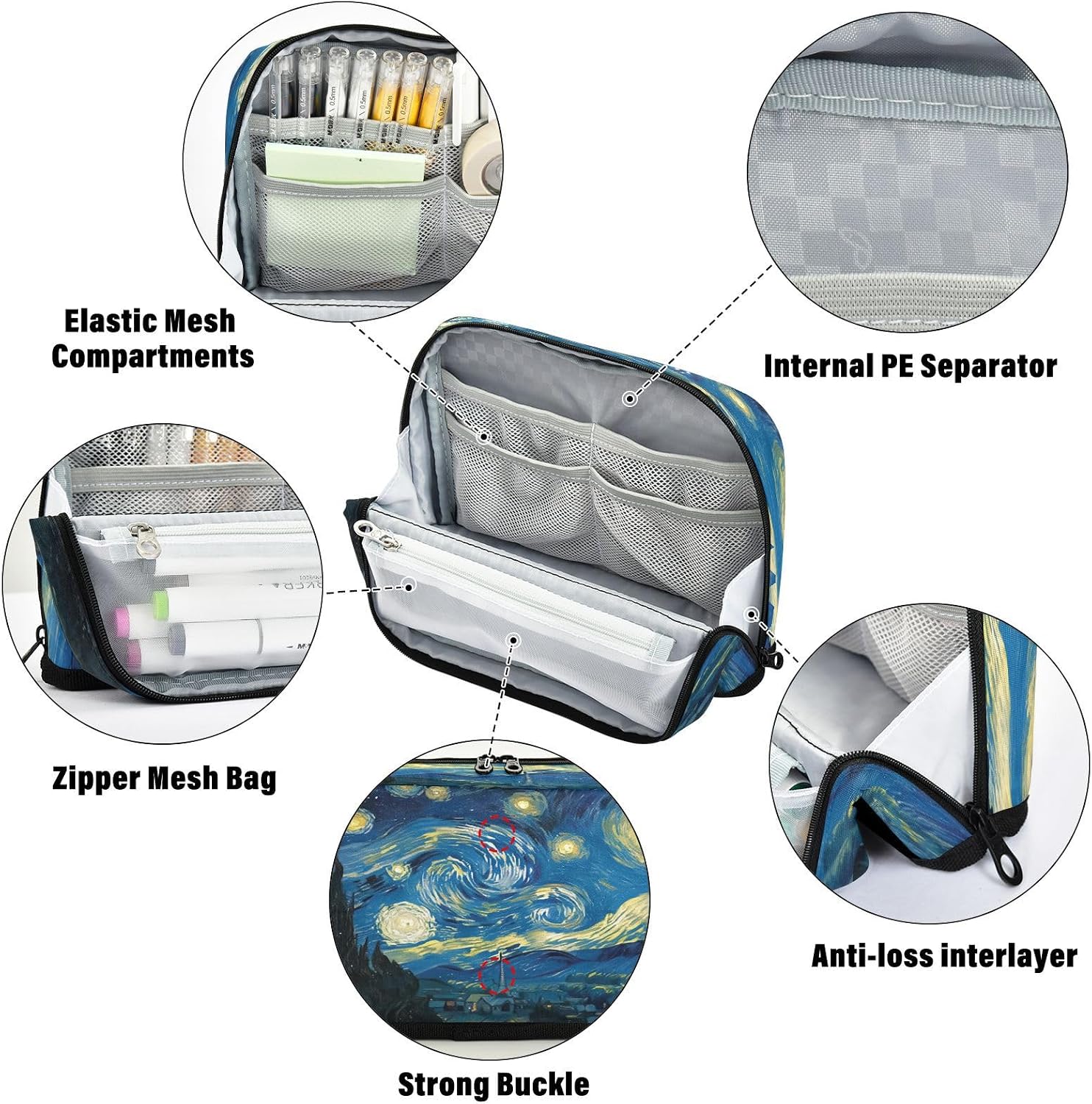 The Starry Night Art Pencil Case Organizer, Large Capacity Stand-Up Pen Pouch with 3 Compartments, Foldable Makeup Bag for School Office Travel Supplies, 8.3 x 5.9 Inch