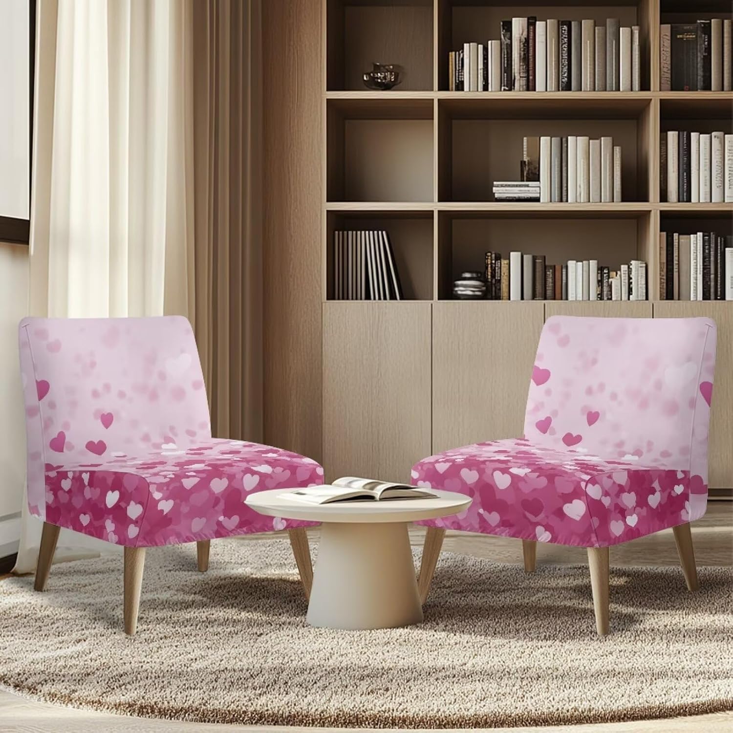 Merkmak Armless Accent Chair Cover with Elastic Band No Arms Single Sofa Chair Cover Valentine's Day Pink Heart Print Couch Seat Slipcover Without Arms for Living Dining Room