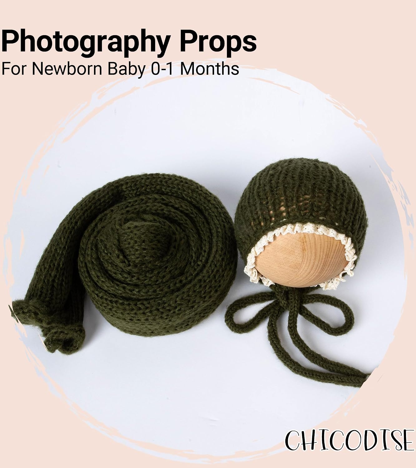 Newborn Photography Props Knit Wraps & Ruffle Edge Bonnet (Drak Green) | Infant Baby Boy Girl Crochet Swaddle for Photo Shoot Outfits, New Born Photoshoot Pictures Set