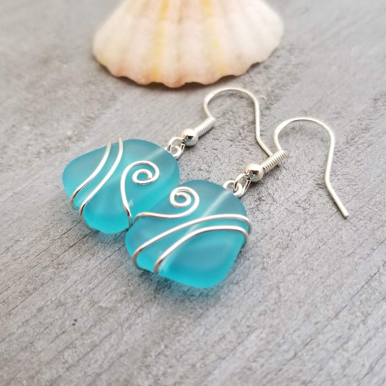 Handmade Sea Glass Earrings, Hawaiian Jewelry, Wire Turquoise Earrings Blue, Seaglass Jewelry For Women Birthday Gift For Women (December Birthstone)