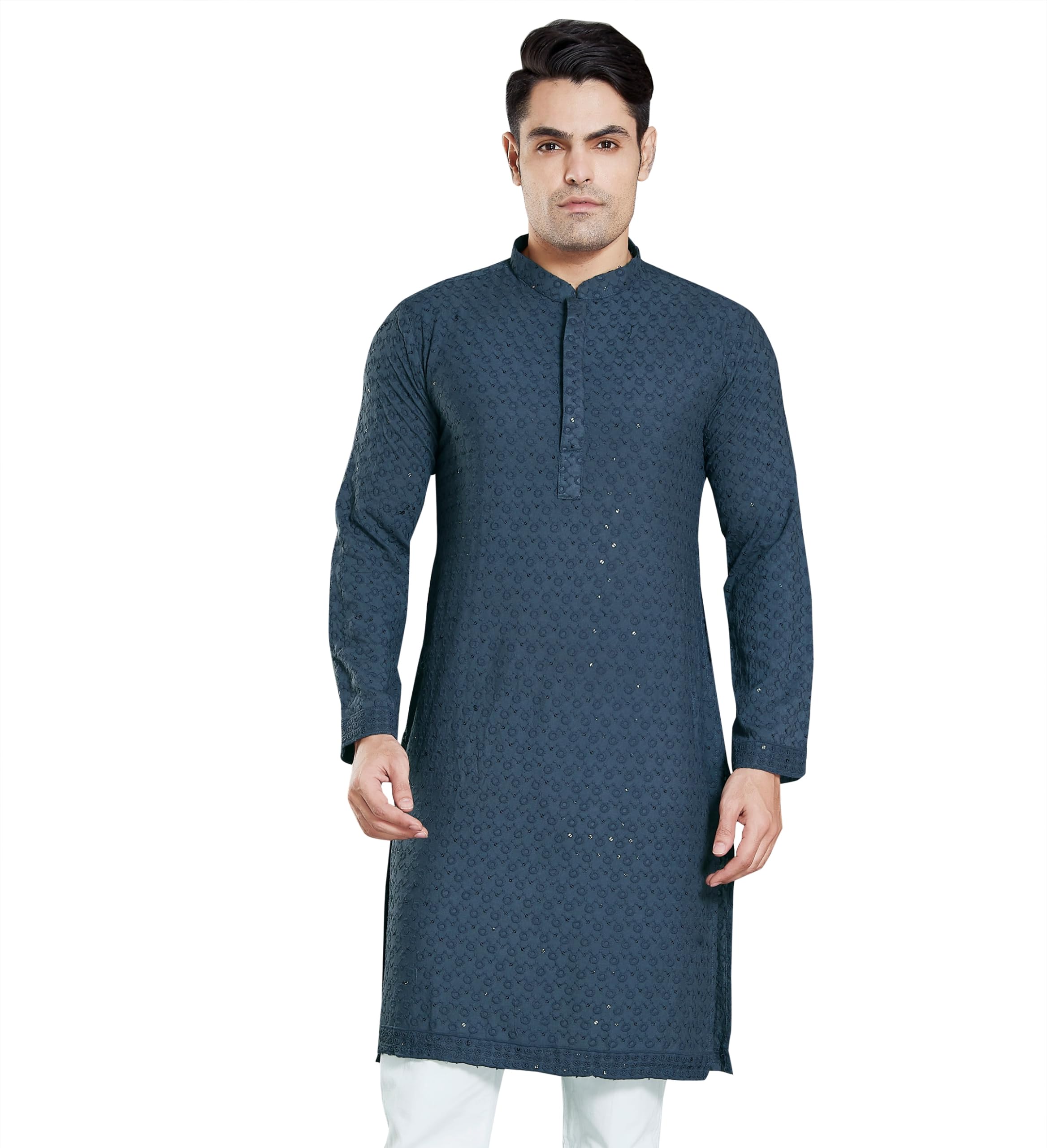 Divisive Men's Sequince Embroidered Cotton Blend Only Slim Fit Kurta (Dkrt13_S_Dark Grey)
