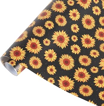 Tintnut Sunflower Permanent Vinyl Roll - 12 inch x 5ft, Black Background Sunshine Floral Pattern Adhesive Vinyl Sheets