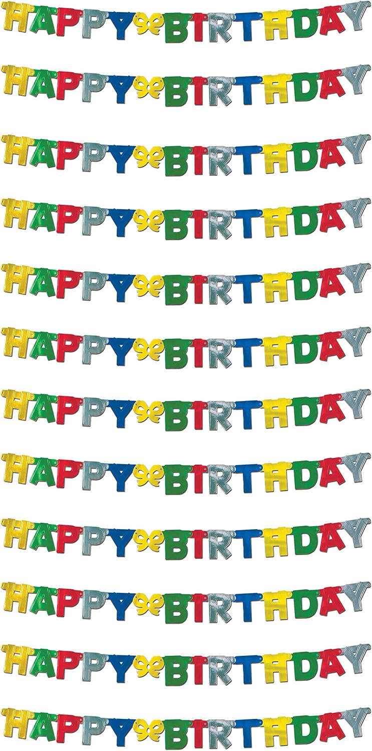 Beistle Foil Happy Birthday Streamers 12 Piece, 4.25" x 5', Multicolor