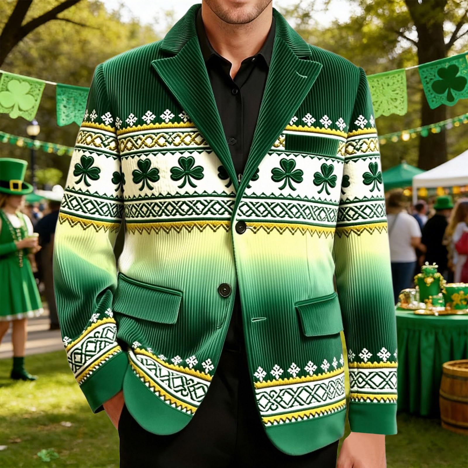 Elegante chaqueta de pana a cuadros verdes para hombre para el día de San Valentín con solapa estampada y estilo casual pero pulido para discoteca