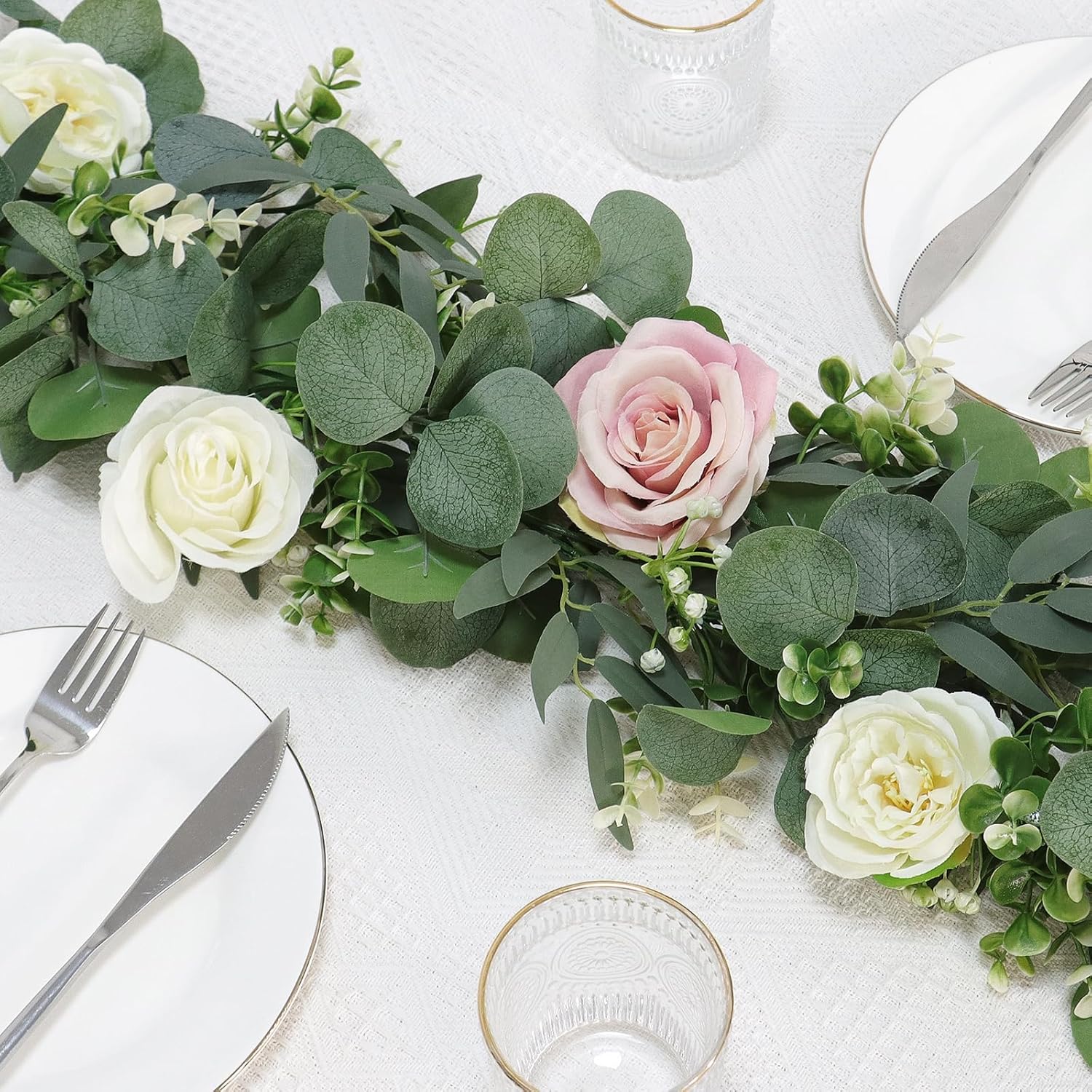 TOCHGREEN 5.9FT Eucalyptus Garland Artificial Vines Fake Greenery Garland with Gypsophila and Willow Leaves Faux Hanging Plants for Wedding Home Party Table Wall Decor (4pcs)