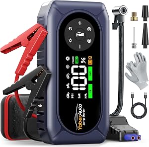 9-in-1 4500A 150PSI Car Battery Booster Jump Starter with Air Compressor, YaberAuto Jump Starter (All Gas/9L Diesel), 12V Car Battery Booster with Extended Jumper Cables,Insulated Gloves,Light