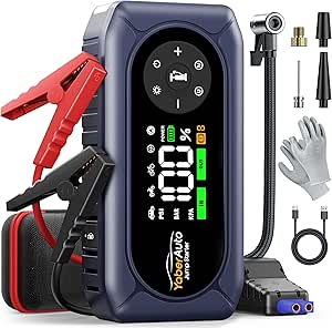 9-in-1 4500A 150PSI Car Battery Booster Jump Starter with Air Compressor, YaberAuto Jump Starter (All Gas/9L Diesel), 12V Car Battery Booster with Extended Jumper Cables,Insulated Gloves,Light