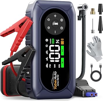 YaberAuto 9-in-1 Car Jump Starter with Air Compressor 4500A 150PSI, Battery Jumper Starter Portable for 9L Gas/8L Diesel, Jump Box with Auto-Shutoff Tire Inflator, Safety Jumper Cables, Gloves, Lights
