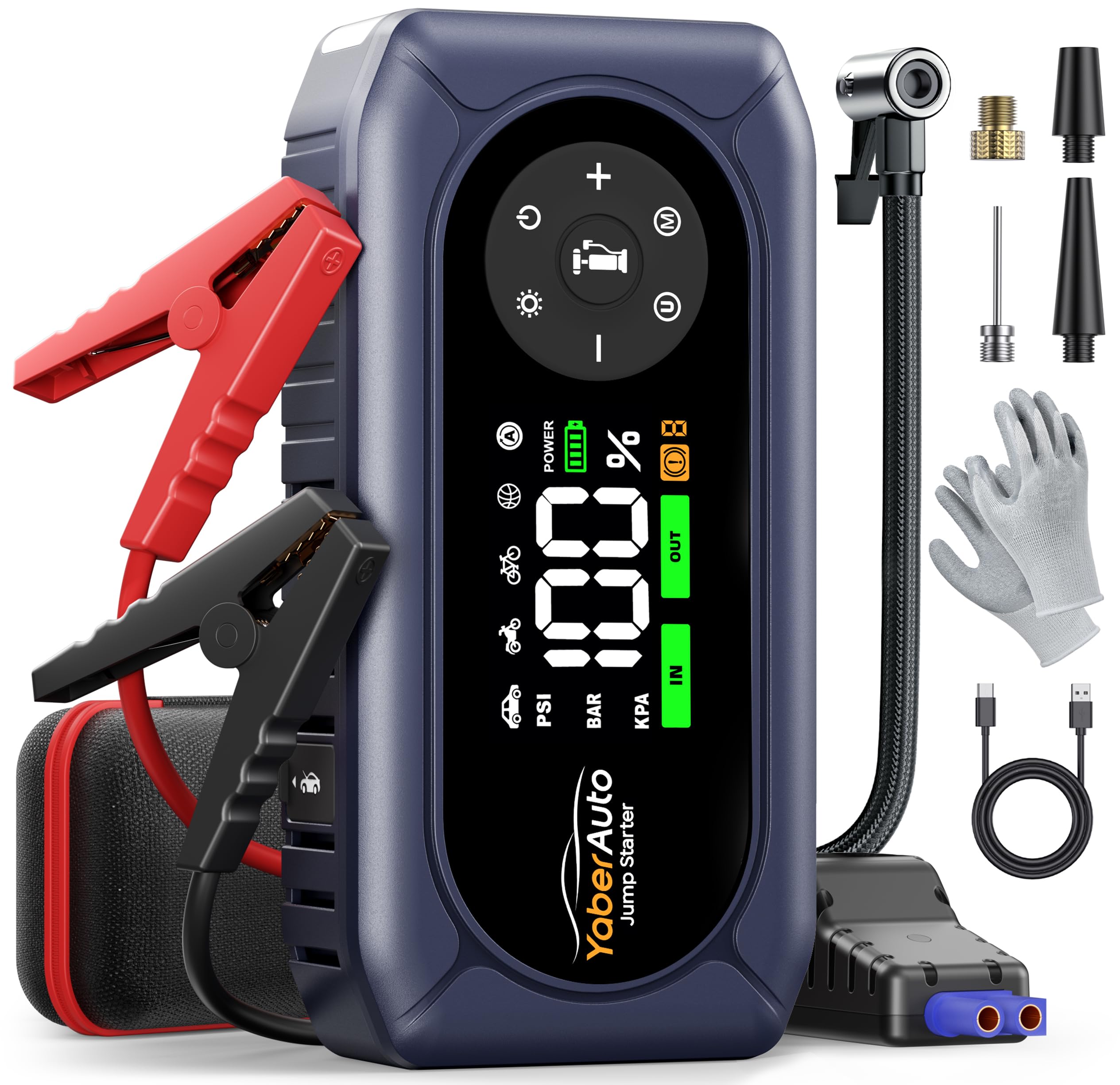 6000A Starthilfe Powerbank für Pkw mit Kompressor 150PSI, Auto Starthilfe Powerbank für Alle Benzin und 10.0L Diesel, Starthilfe mit 500 Lumen 4 Modi LED Licht und 3.3'' LCD Display, YaberAuto AP02