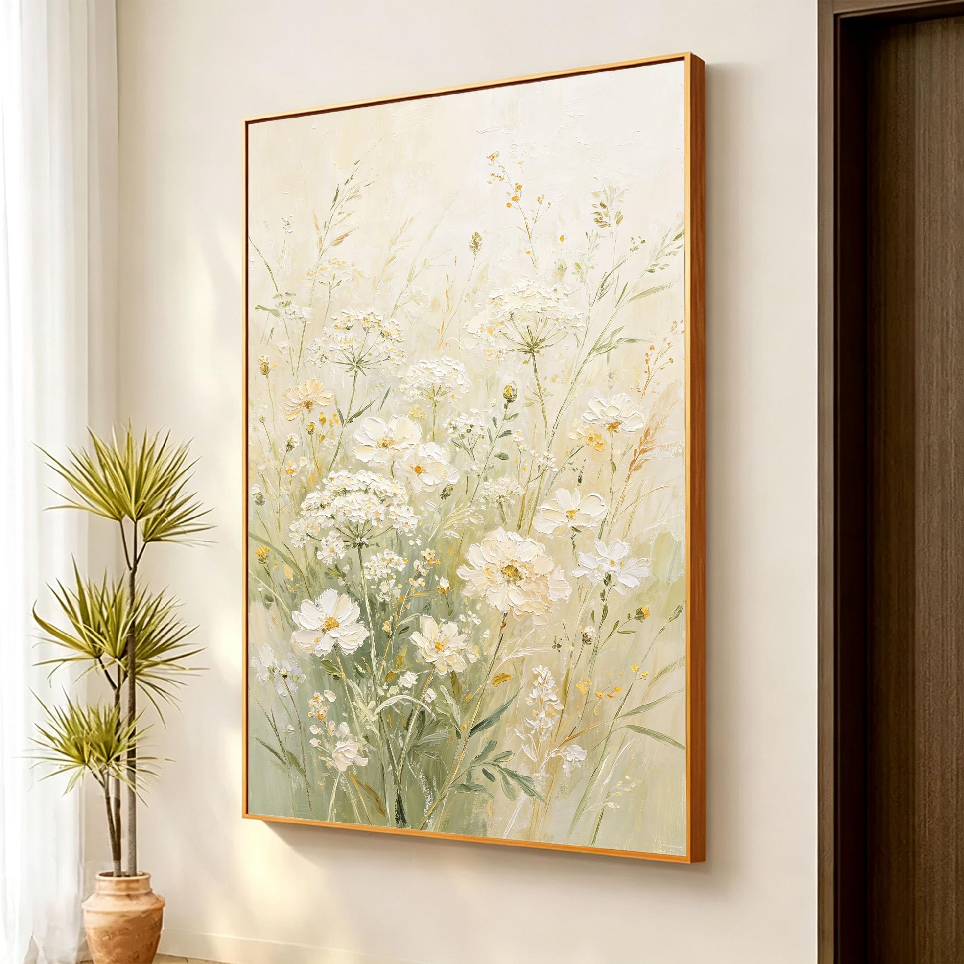 100% Handgemaltes Florales Ölgemälde, Weiße Gänseblümchen, Leinwandbild, Rahmenlos, Abstraktes Blumenmotiv Für Wohnzimmerdekoration, 100 X 160 Cm (39,4 X 63 Zoll)