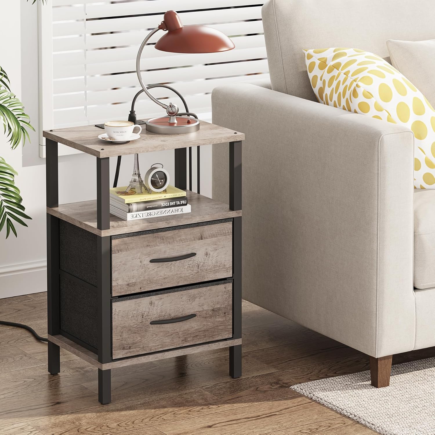 TUTOTAK End Table with Charging Station, Side Table with 2 USB Ports and Outlets, Nightstand with Cloth Drawer, Set of 2, Couch Table, Brown TB01BG067