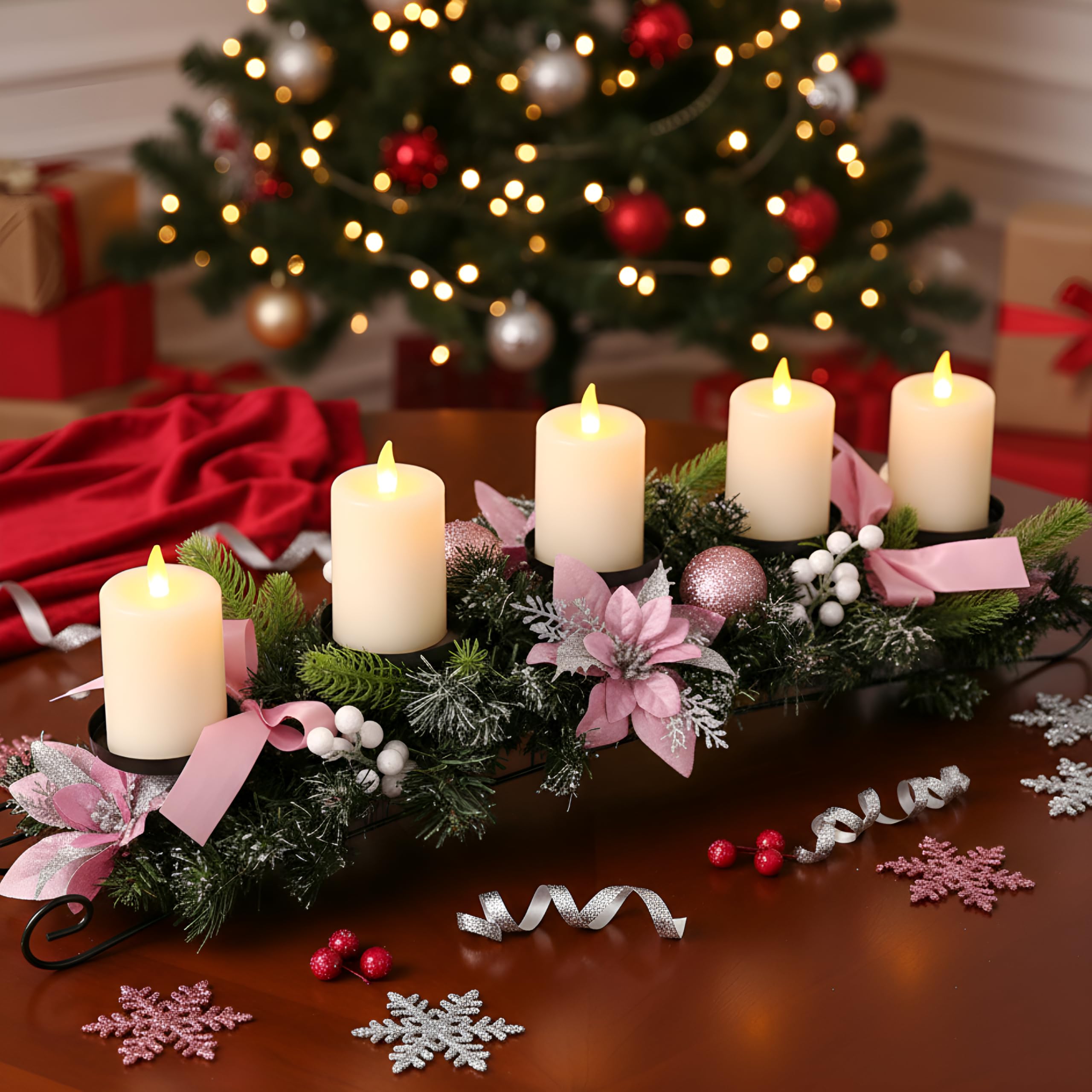 Yungyan Centre de table de Noël de 76,2 cm, comprend 5 bougeoirs LED à piles, des fleurs de poinsettia roses, un nœud rose, des pommes de pin et une base, décorations de table artificielles de Noël