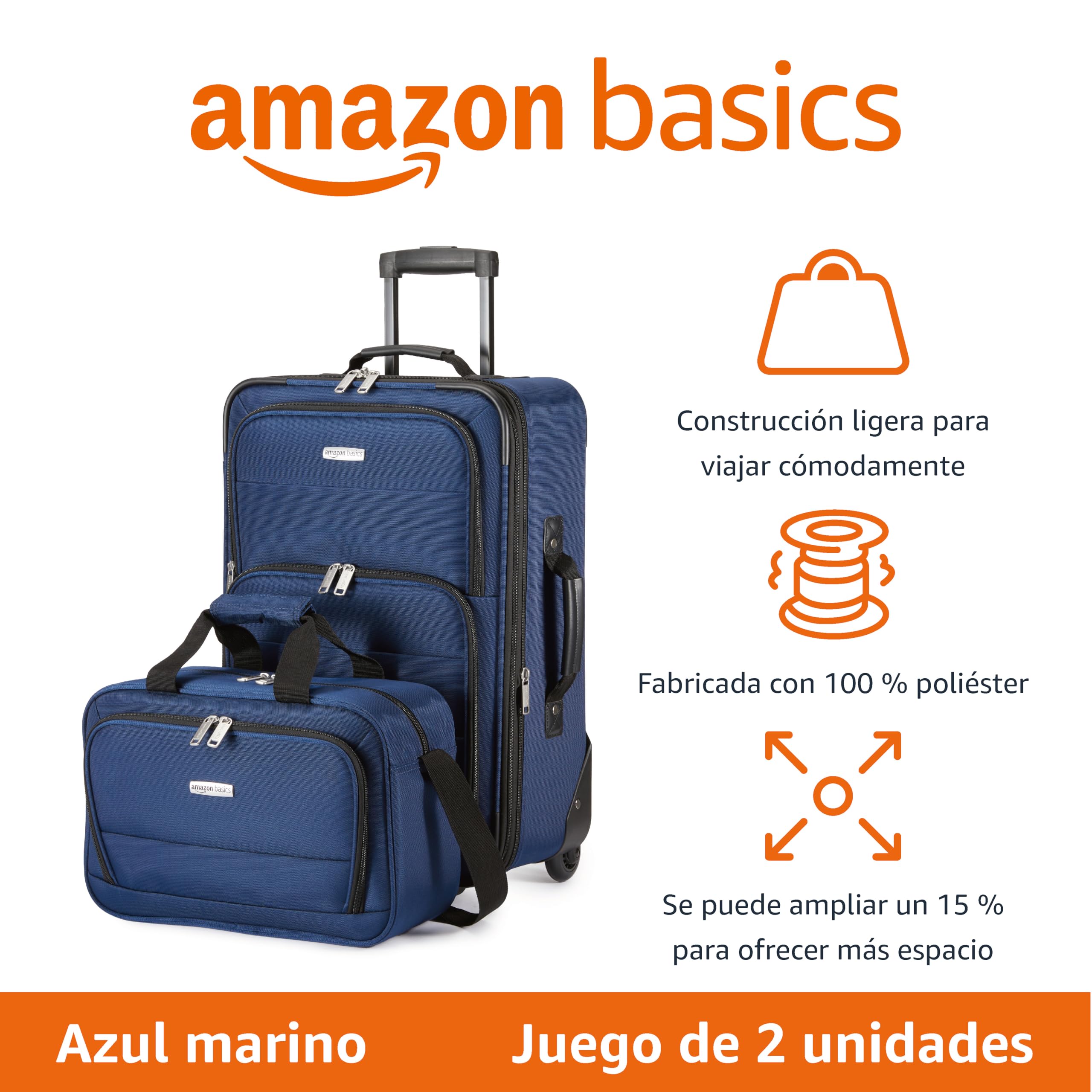 Amazon Basics Juego de Equipaje Blando de 2 Piezas, Maleta de Mano Expandible (58 cm) y Bolsa de Mano (25 cm), Ligeros, 100% Poliéster, Apilable, Azul Marino
