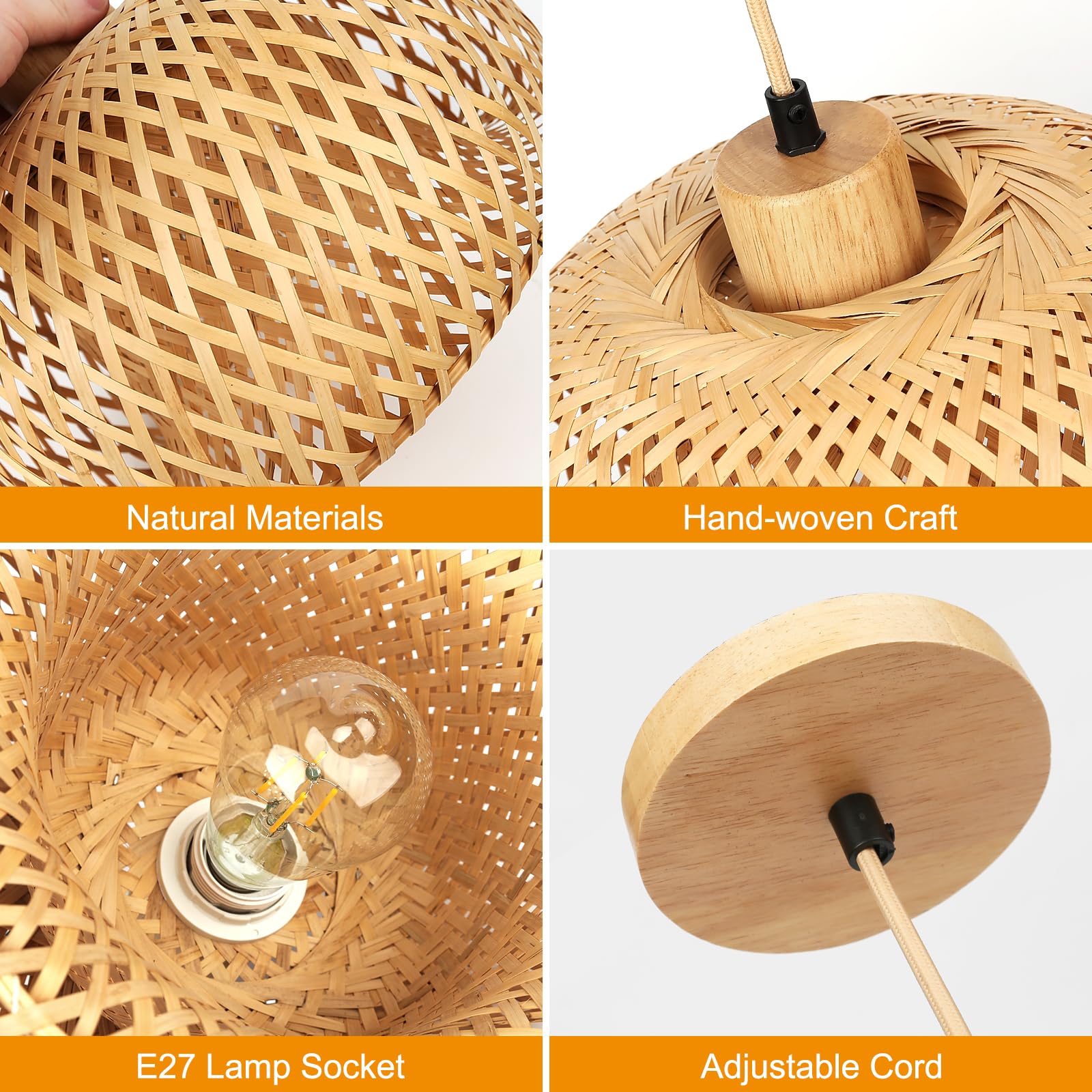 FRIDEKO HOME Hängelampe Rattan Natürlicher Bambus Pendelleuchte Esstisch mit E27 Fassung,Boho Lampe Deckenlampe Korb Lampenschirm Rattan für Schlafzimmer Wohnzimmer Flur Küche