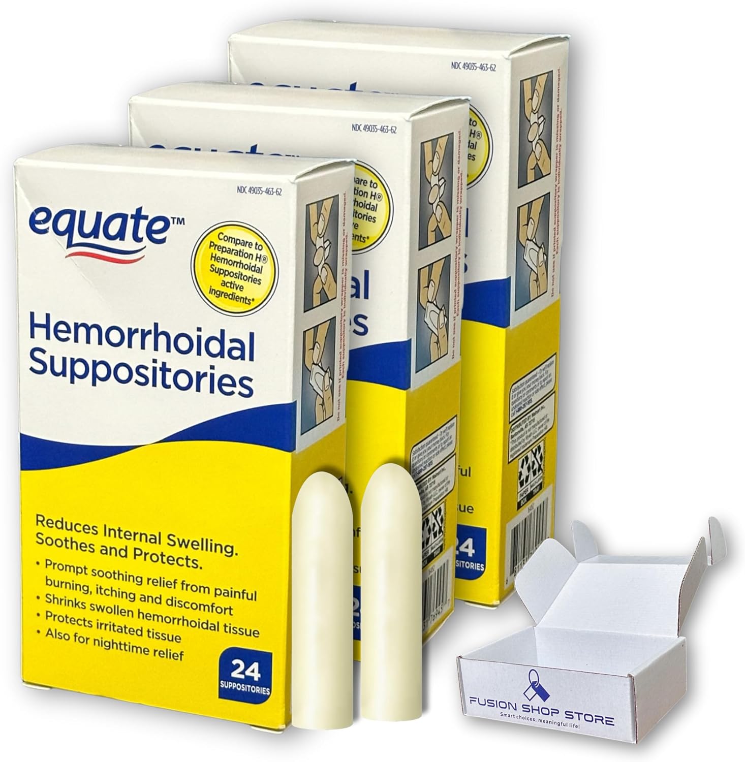 Hemorrhoidal Suppositories - 24 Count, Relief from Day and Night Discomfort of Hemorrhoids, Boxed by Fusion Shoop Store (Pack of 3)