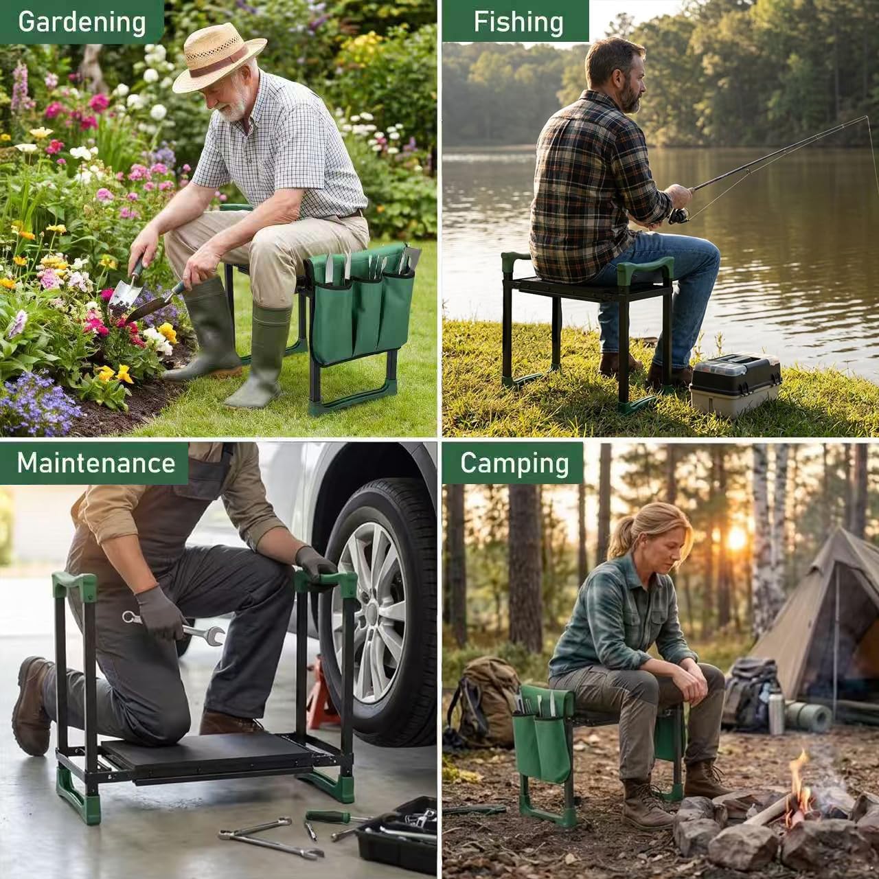 Garden Kneeler and Seat, Heavy Duty Foldable Garden Stool with Anti-Tip Outward Angled Legs, Thick Padded Kneeling Bench for Seniors, Portable Gardening Bench with Tool Bag