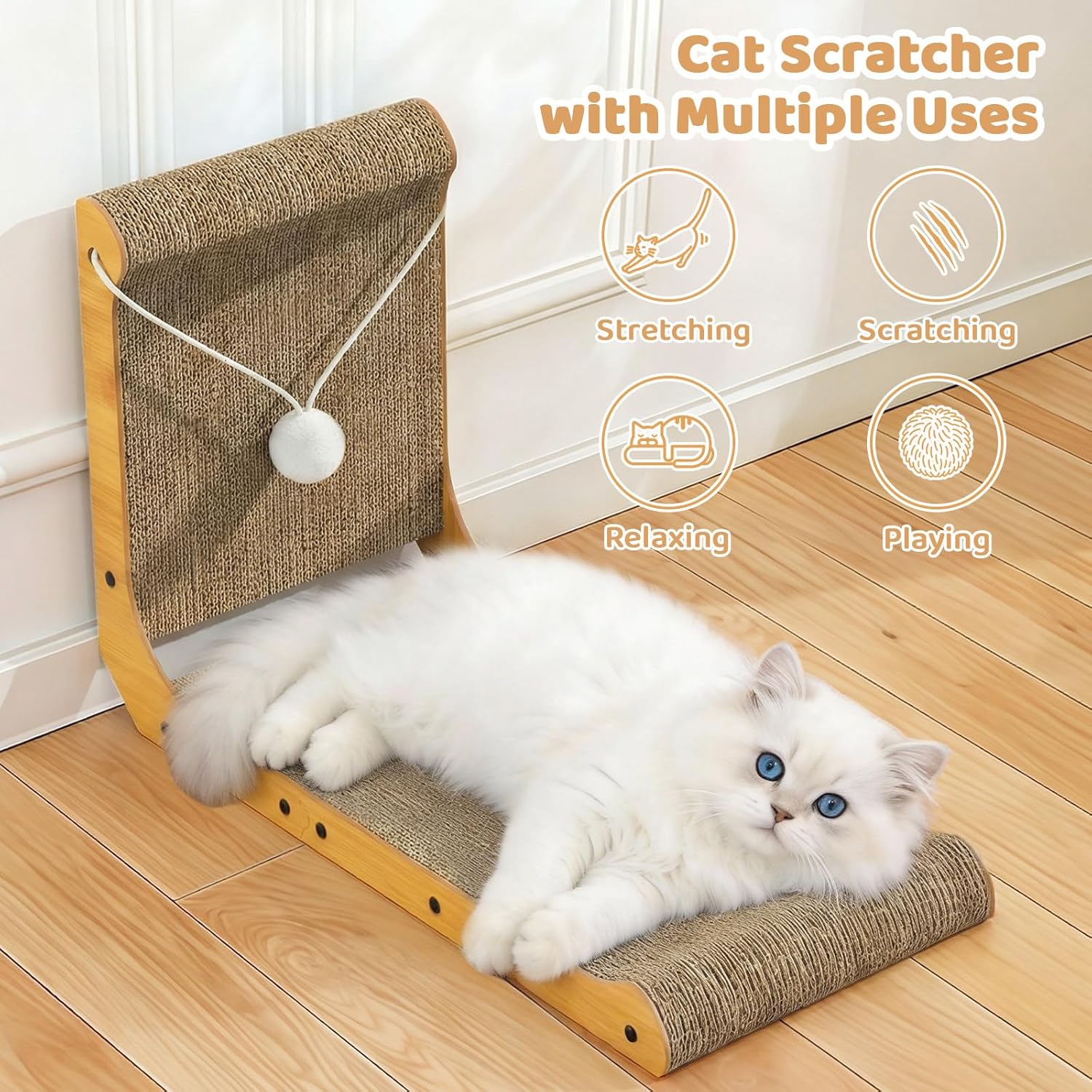 2-Pack Cat Scratching Board, 25.6'' Tall L-Shaped Cardboard Cat Scratcher with Hanging Ball Toy & Raised Edges, Vertical Cat Scratching Post for Indoor Cats, Wall & Couch Protector