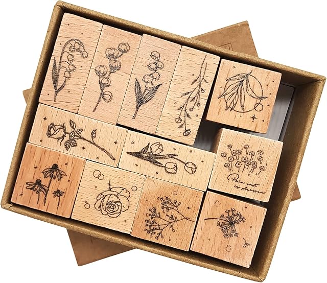 Floral Decorative Wood Rubber Stamps,ZMLSED 12pcs Vintage Nature Flower Leaves Wooden Stamps Multipurpose Pattern Mounted Stamps for Card Making DIY Arts Craft Planner Bullet Journal Scrapbooking