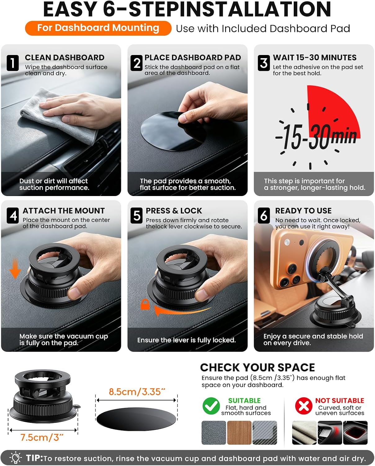 Vacuum Car Phone Holder for MagSafe, No-Glue Suction Cup Mount with Dashboard Pad, Reinforced Zinc Alloy Hinge, 360° Rotatable Foldable Cell Phone Holder for iPhone 17 16 15 14 13 12 Series