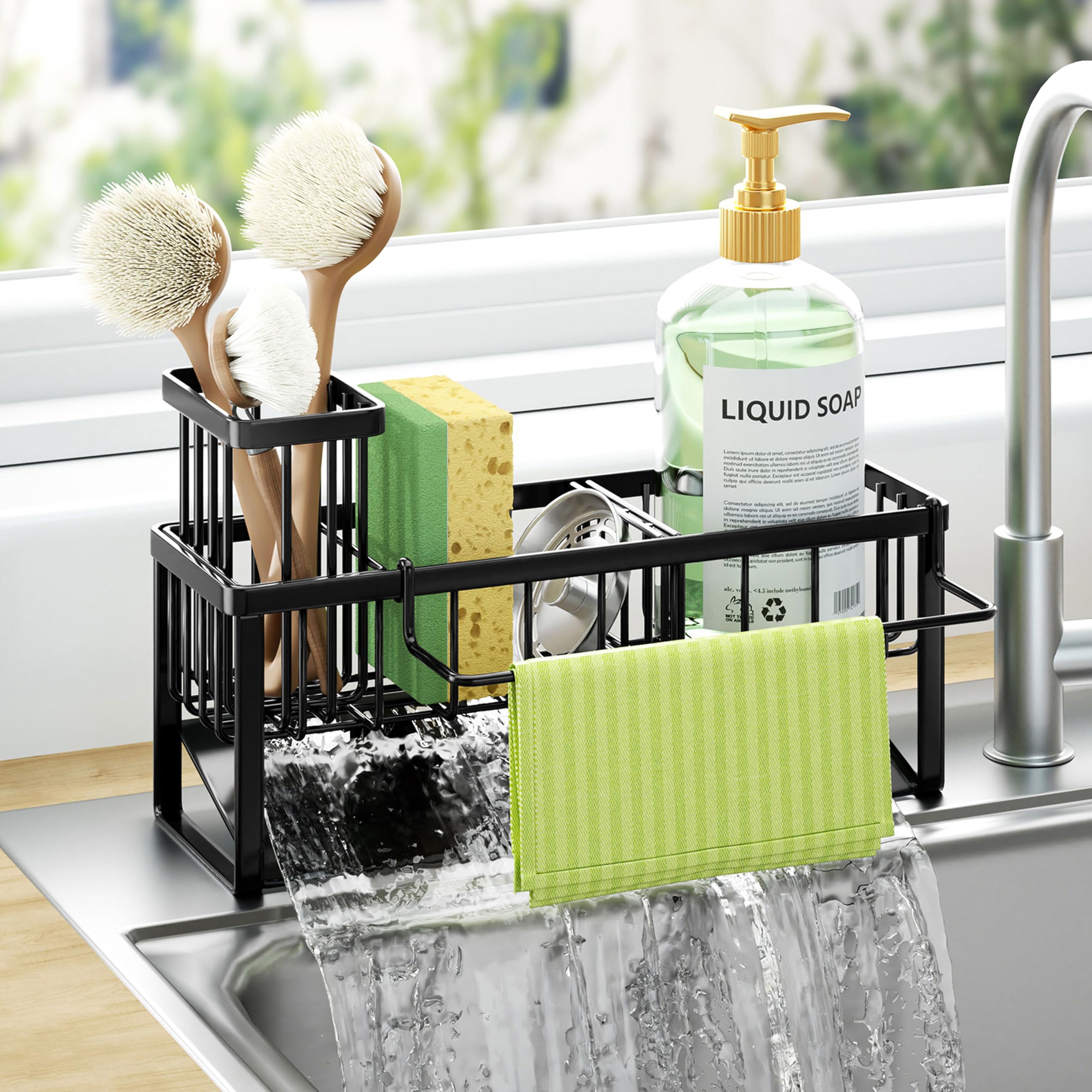 HapiRm Sponge Holder for Kitchen Sink - Self Draining Sink Caddy for Sponge, Black, with Dishcloth Holder