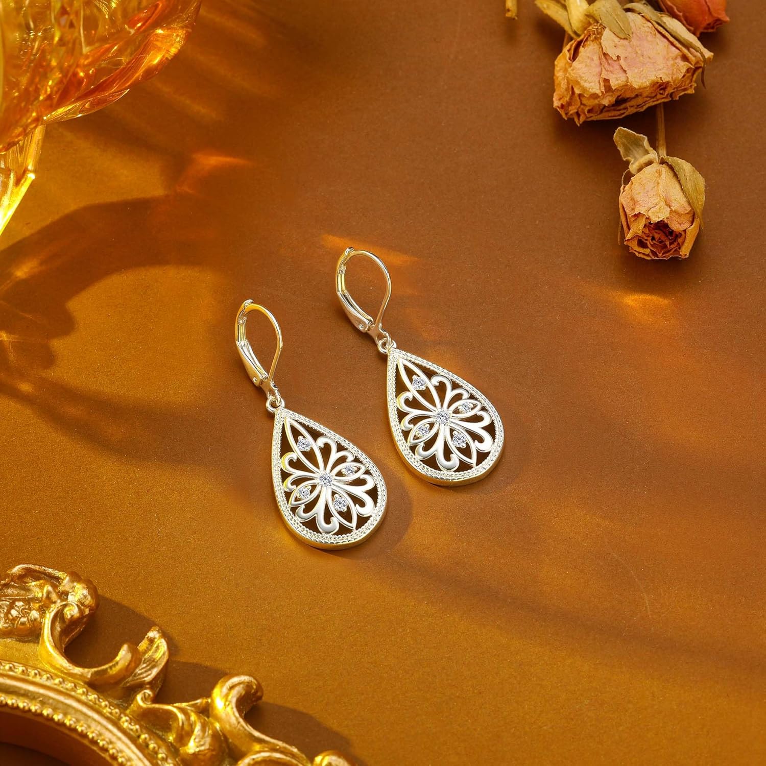 Ritach 925 Silver Dangle Earrings for Women Leverback Filigree Teardrop Earrings Hypoallergenic Silver Dangle Drop Earring for Gifts - Image 3