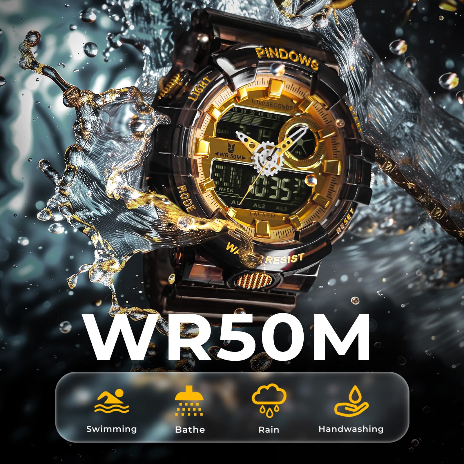 PINDOWS Orologi da uomo, con luce a LED, orologio sportivo grande digitale, analogico, doppio fuso orario, multifunzione, orologio da polso militare, 3 allarmi, conto alla rovescia, cronometro