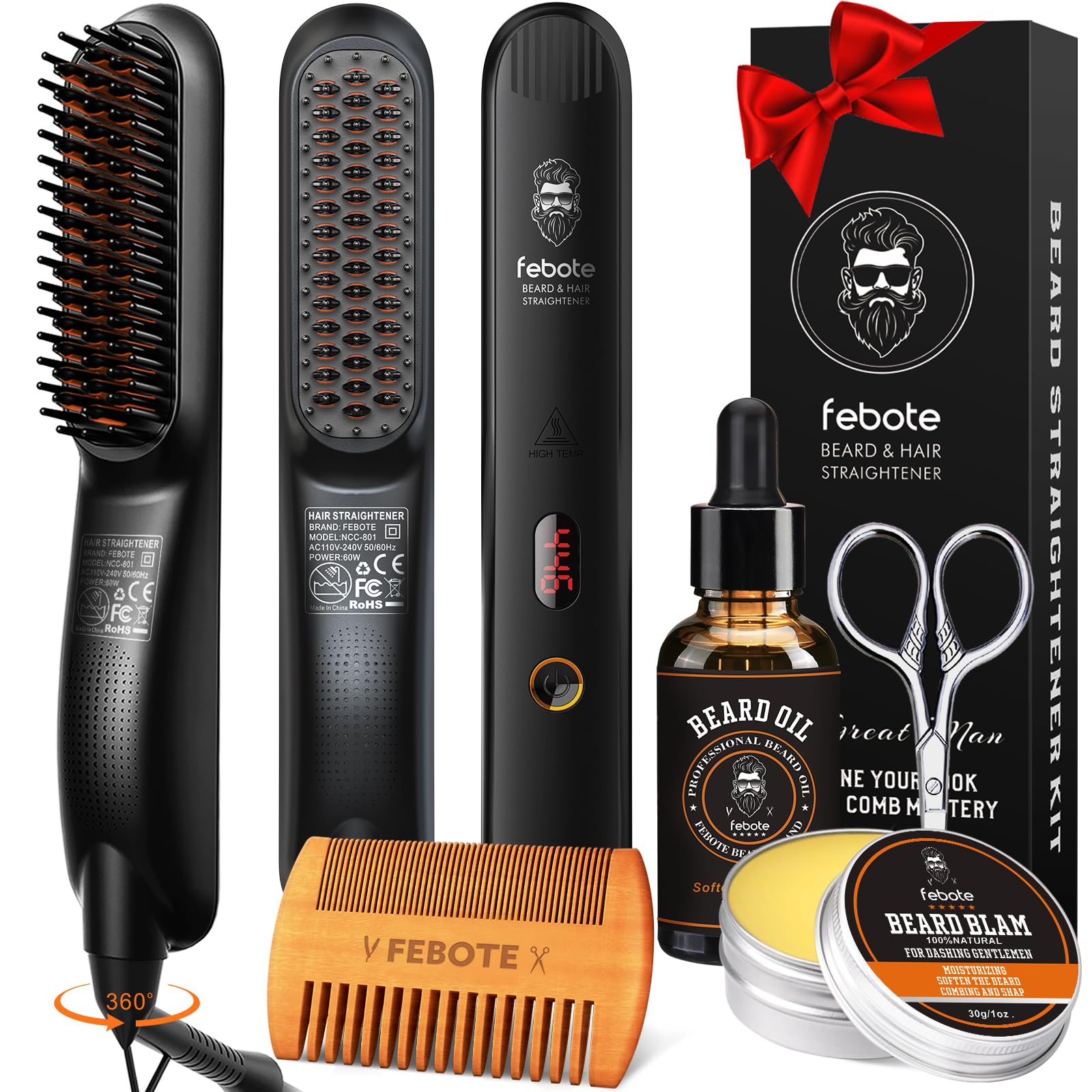 Beard Straightener Kit w/Beard Straightener, Beard Balm, Beard Growth Oil, Beard Styling Comb & Scissors, Upgraded 5-in-1 Beard Straightening, Unique