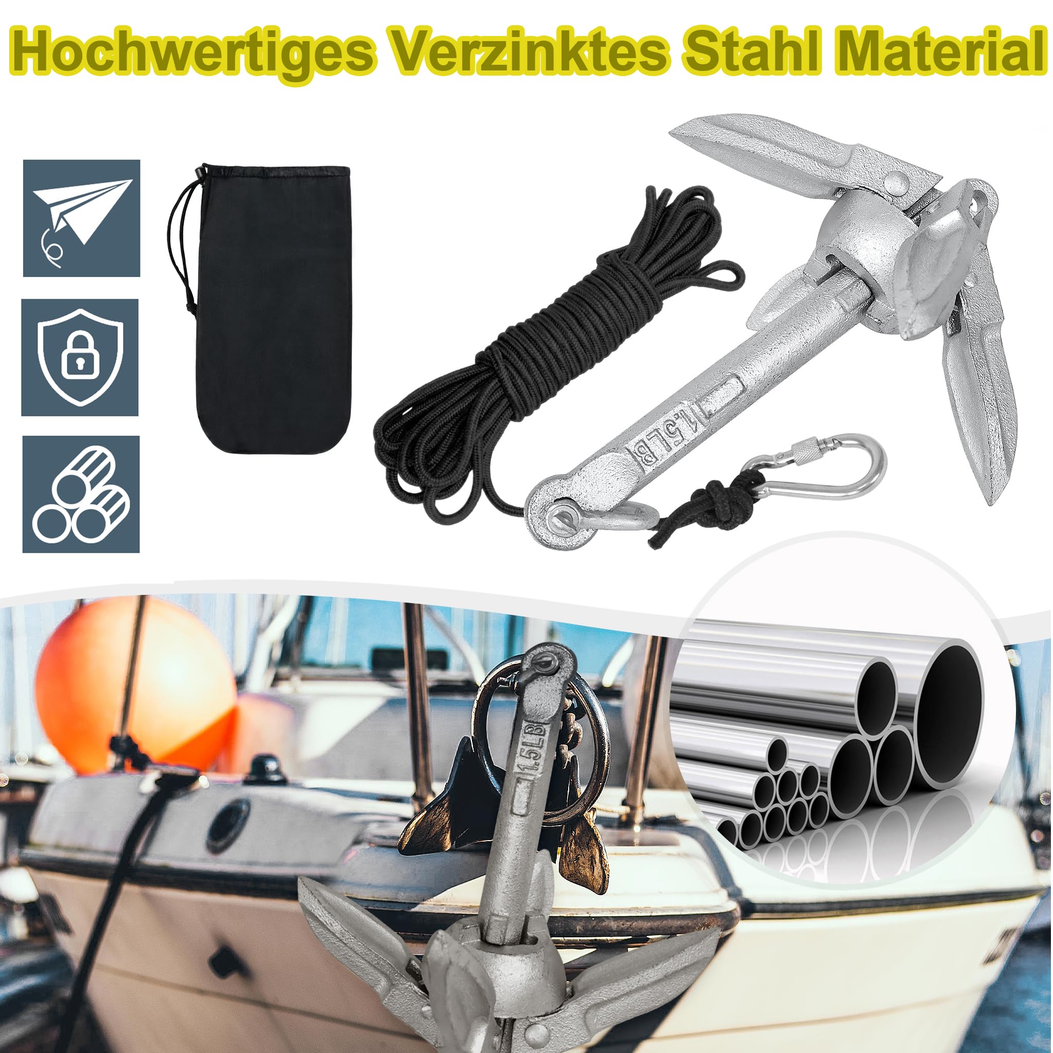 Faltanker Bootsanker aus verzinktem Stahl 0,7/1,5 kg, Klappanker für Boot, Schlauchboot, Kajak & SUP mit 10 m Ankerschleppseil, Wurfanker & Bootszubehör