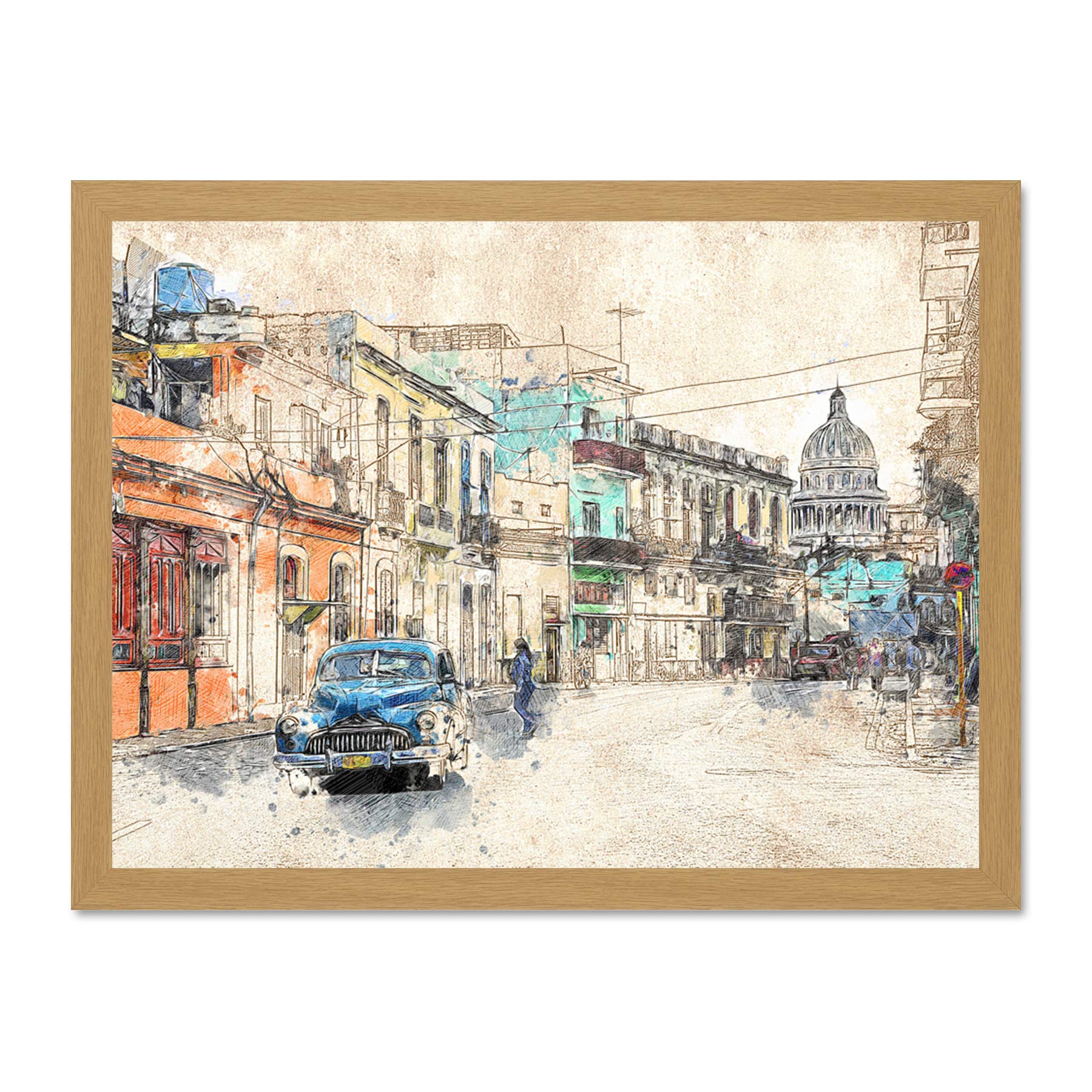 Havana Cuba Street Painting Sketch Large Framed Art Print Poster Wall Decor 18x24 inch